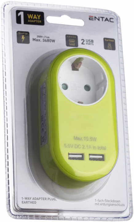 Entac Hálózati Adapter 1 Földelt Aljzat és USB Lime (EPAG-1EE-2USB-L)